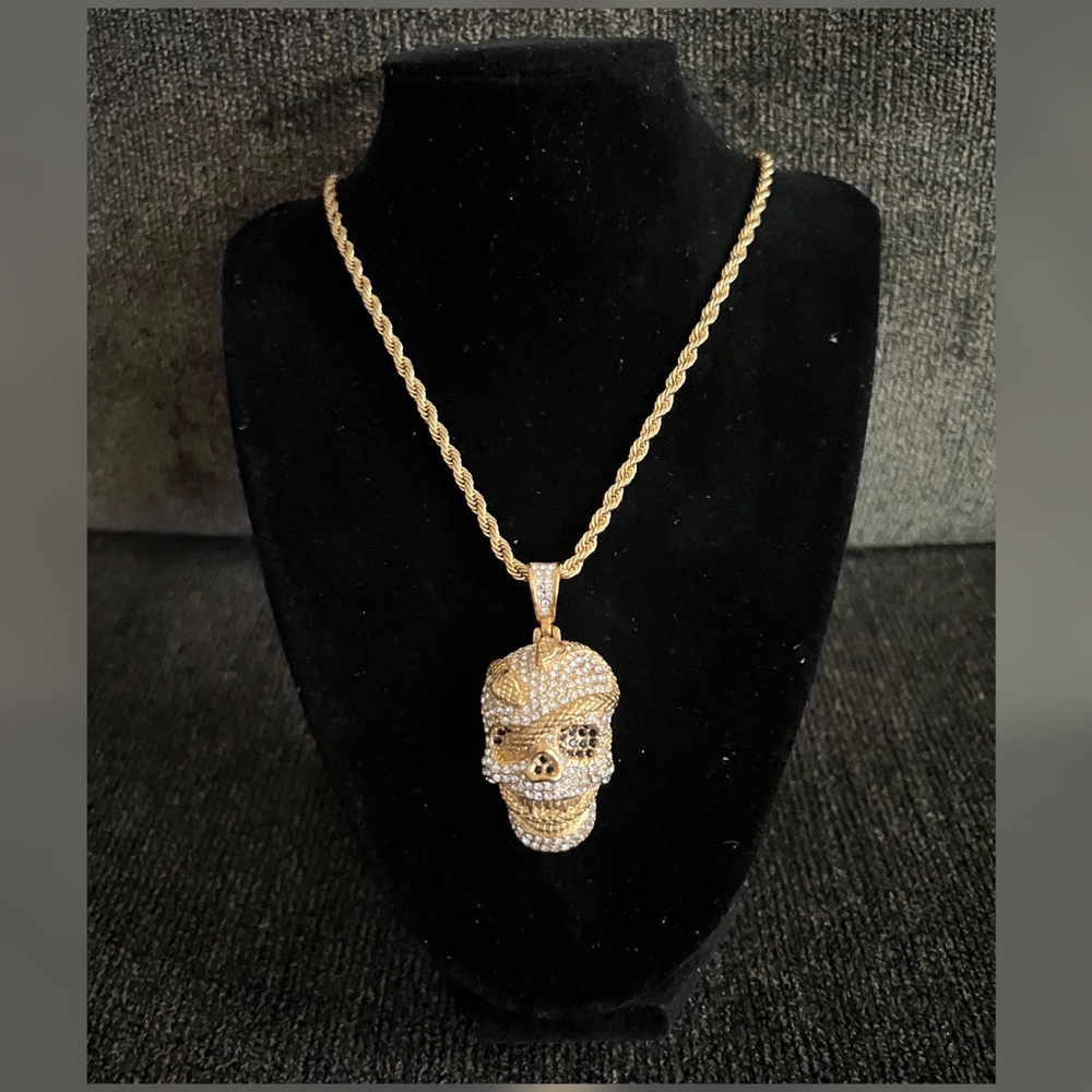 Ice Out Skull Head Pendant with Rope Chain 23”